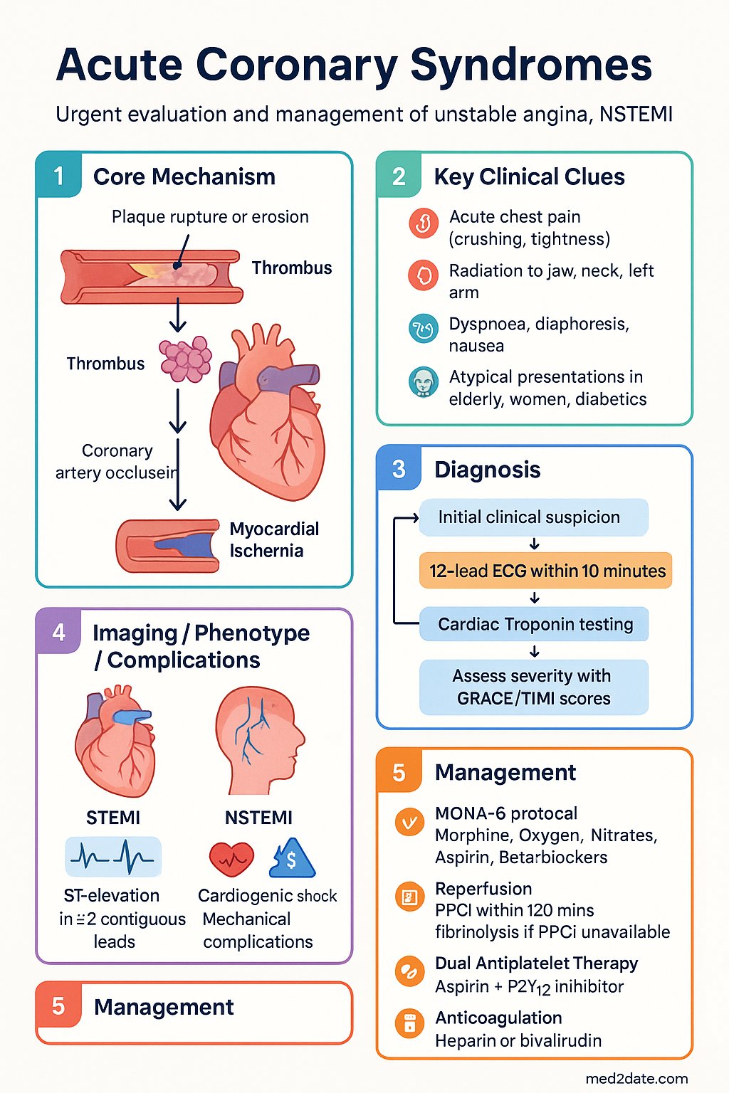 Acute Coronary Syndromes (ACS) clinical infographic — pathophysiology, clinical clues, diagnosis, imaging, and management