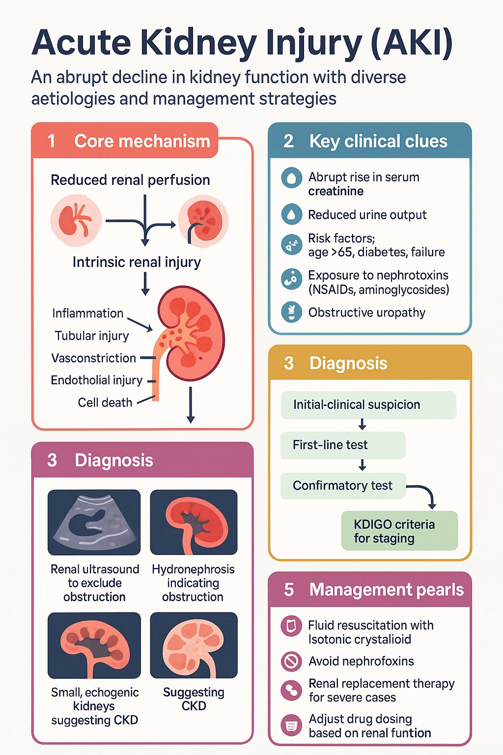 Acute Kidney Injury (AKI) – Overview clinical infographic — pathophysiology, clinical clues, diagnosis, imaging, and management
