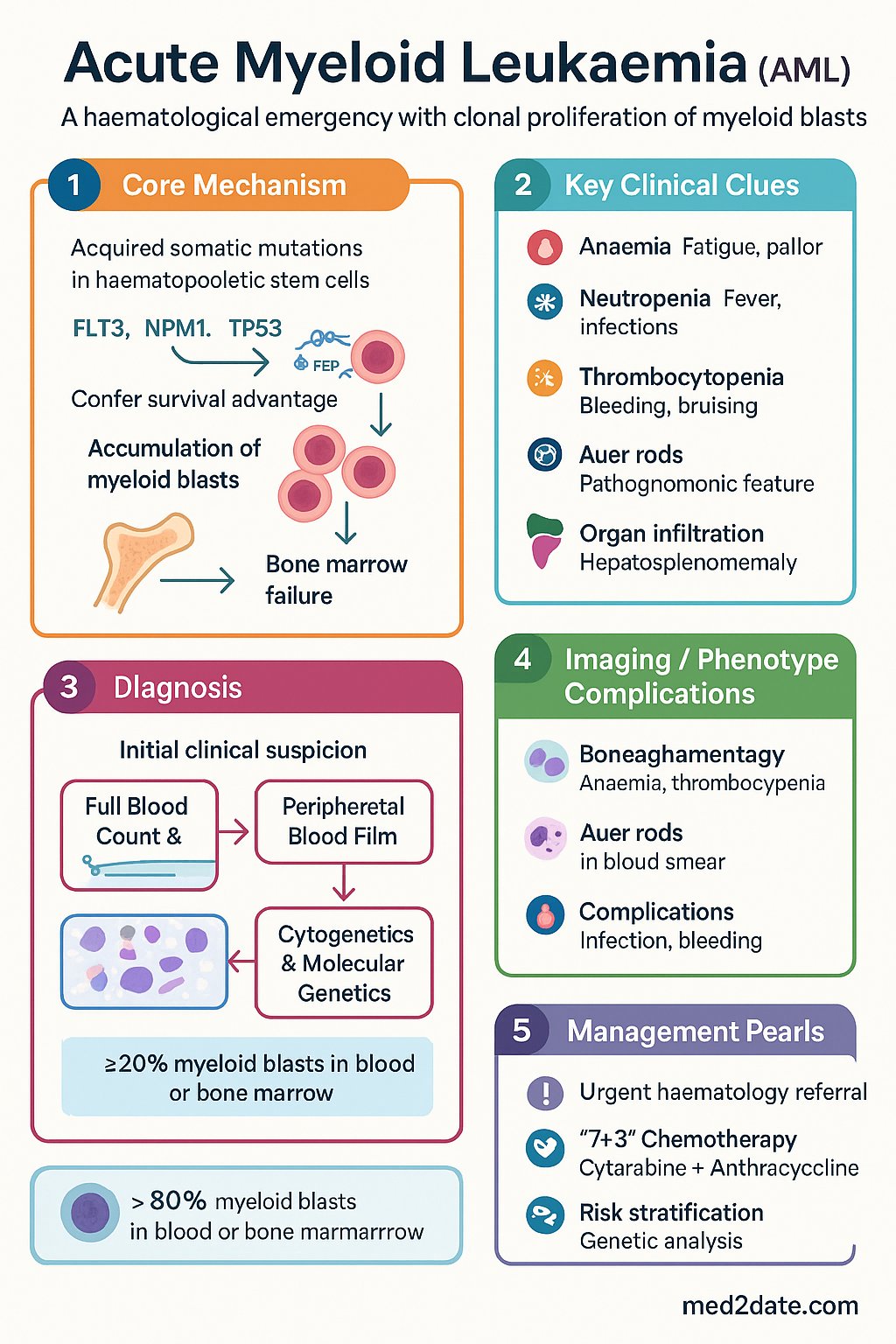 Acute Myeloid Leukaemia (AML) clinical infographic — pathophysiology, clinical clues, diagnosis, imaging, and management