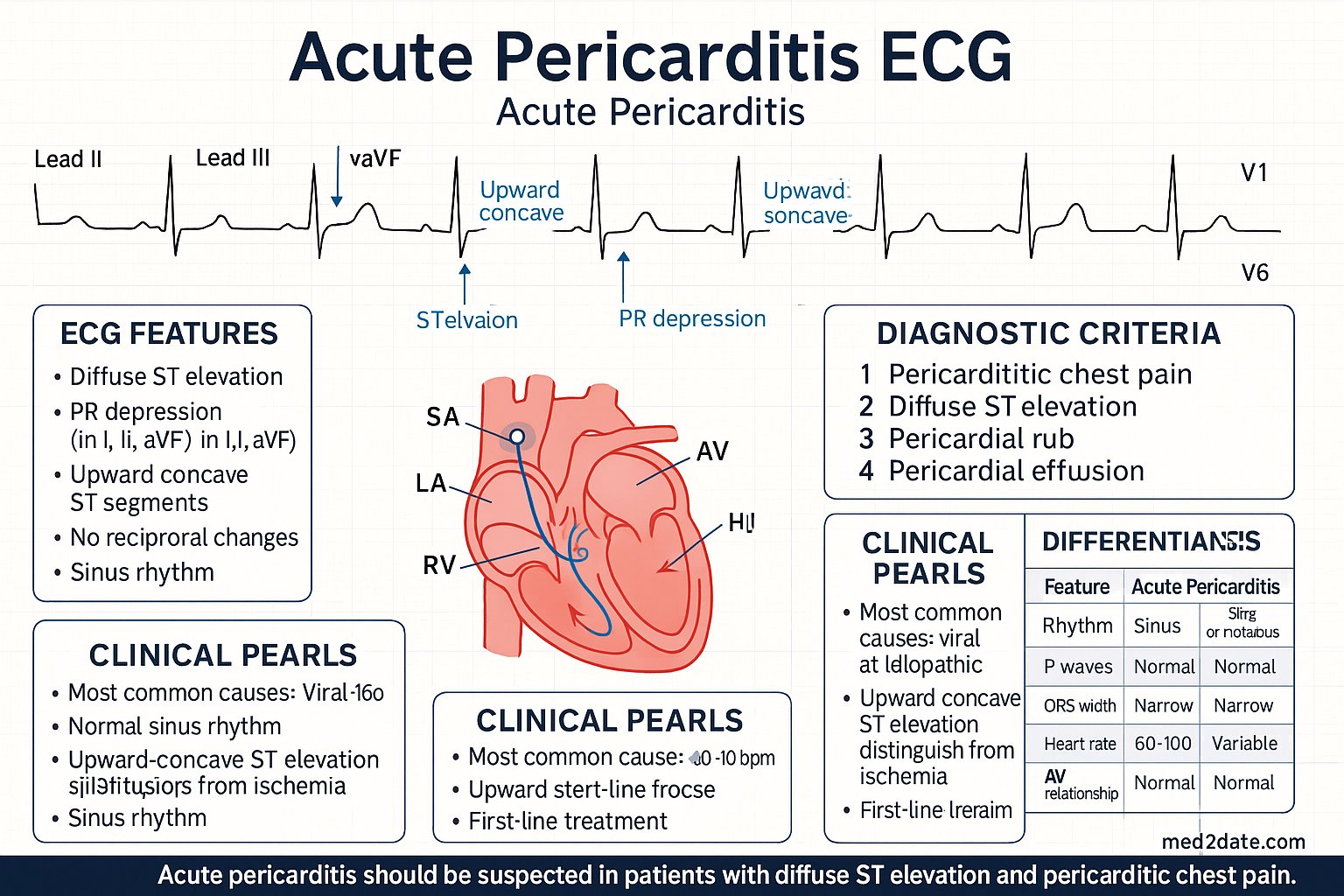 Acute Pericarditis ECG infographic — ECG features, diagnostic criteria, mechanism, clinical pearls, differential diagnosis, and key take-home message