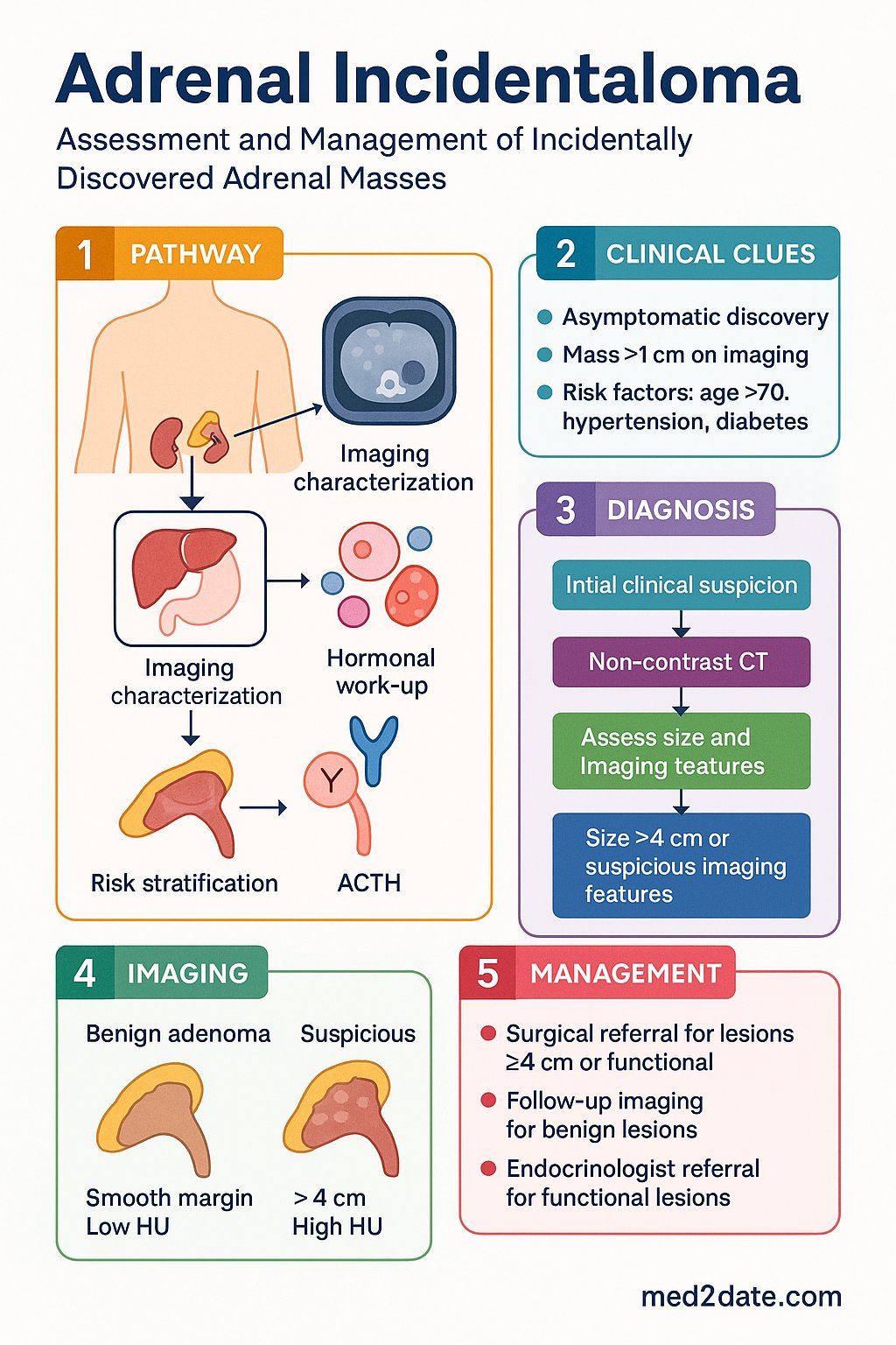 Adrenal Incidentaloma clinical infographic — pathophysiology, clinical clues, diagnosis, imaging, and management