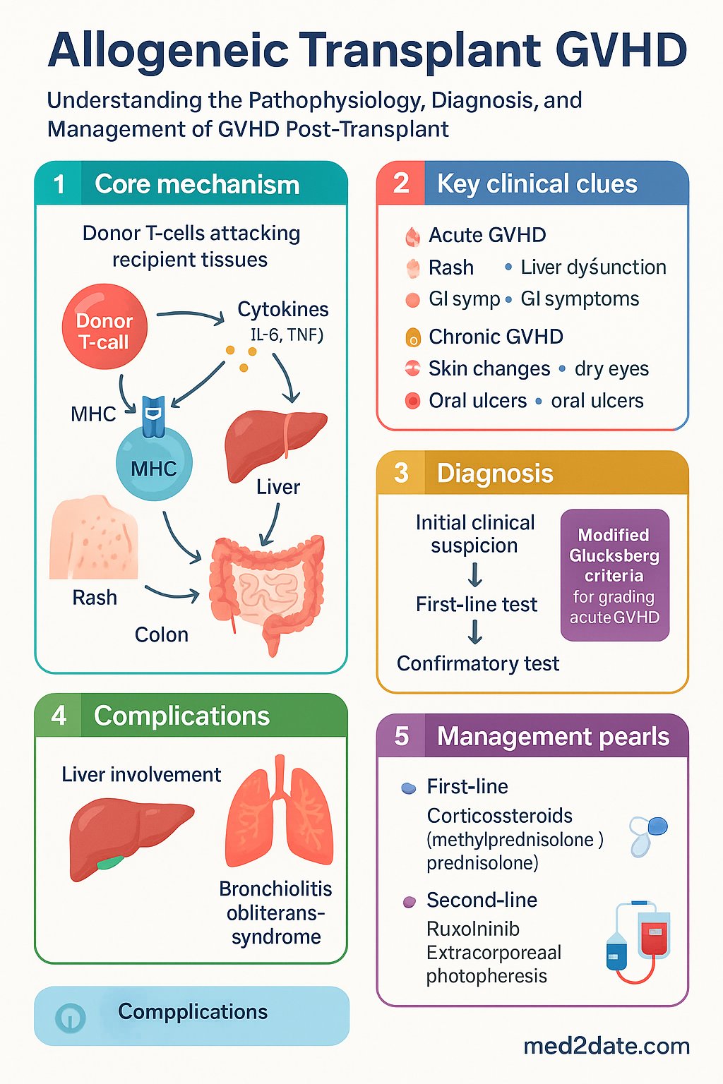 Allogeneic Transplant & GVHD clinical infographic — pathophysiology, clinical clues, diagnosis, imaging, and management