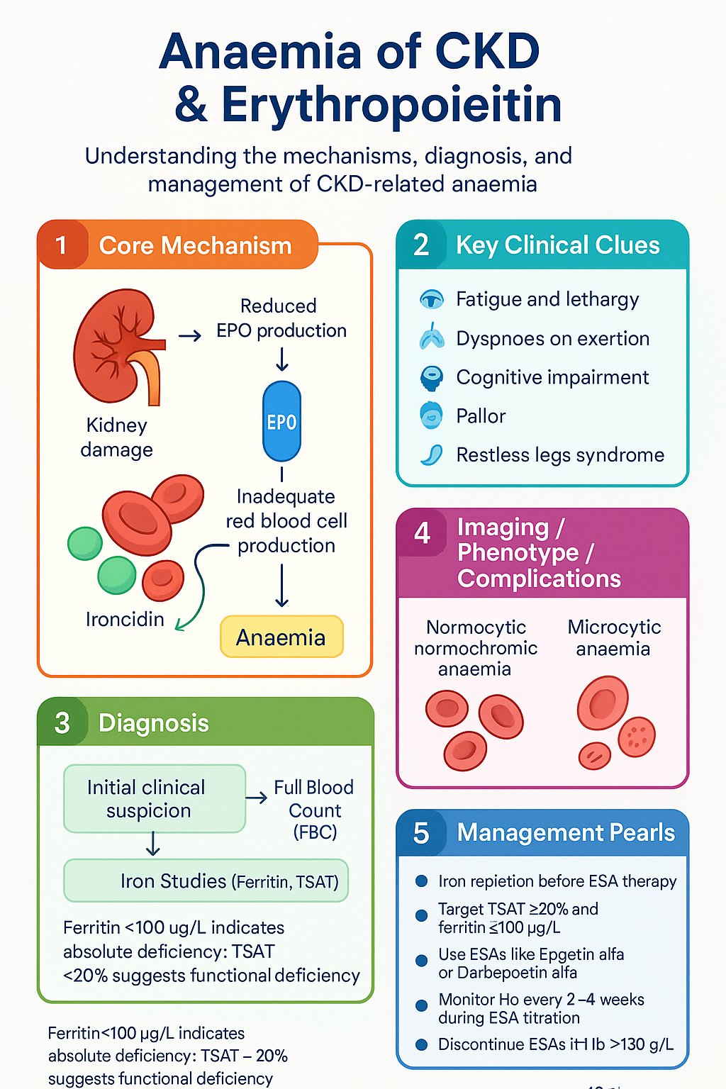 Anaemia of CKD & Erythropoietin clinical infographic — pathophysiology, clinical clues, diagnosis, imaging, and management
