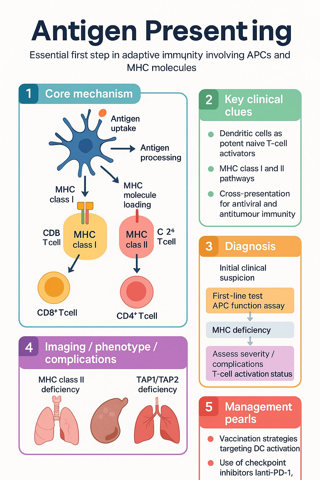 Antigen Presenting clinical infographic — pathophysiology, clinical clues, diagnosis, imaging, and management
