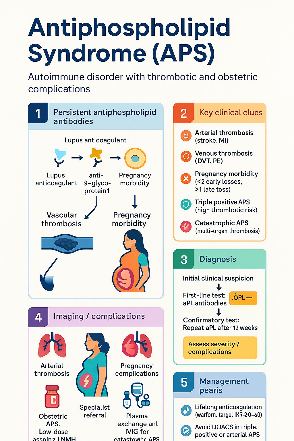 Antiphospholipid Syndrome clinical infographic — pathophysiology, clinical clues, diagnosis, imaging, and management