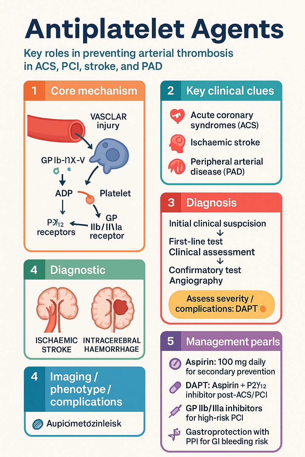 Antiplatelet Agents clinical infographic — pathophysiology, clinical clues, diagnosis, imaging, and management