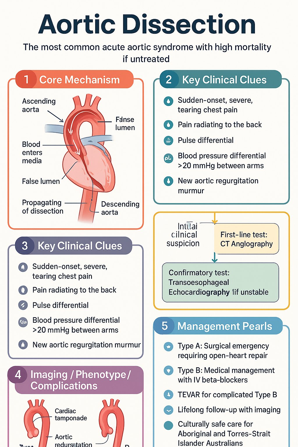 Aortic Dissection clinical infographic — pathophysiology, clinical clues, diagnosis, imaging, and management