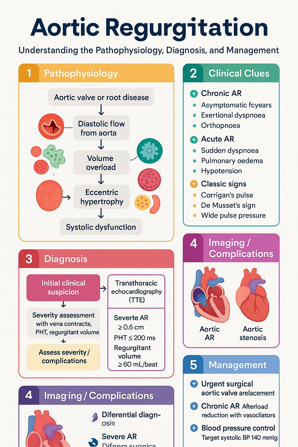 Aortic Regurgitation clinical infographic — pathophysiology, clinical clues, diagnosis, imaging, and management