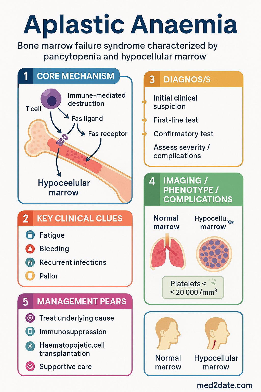 Aplastic Anaemia clinical infographic — pathophysiology, clinical clues, diagnosis, imaging, and management