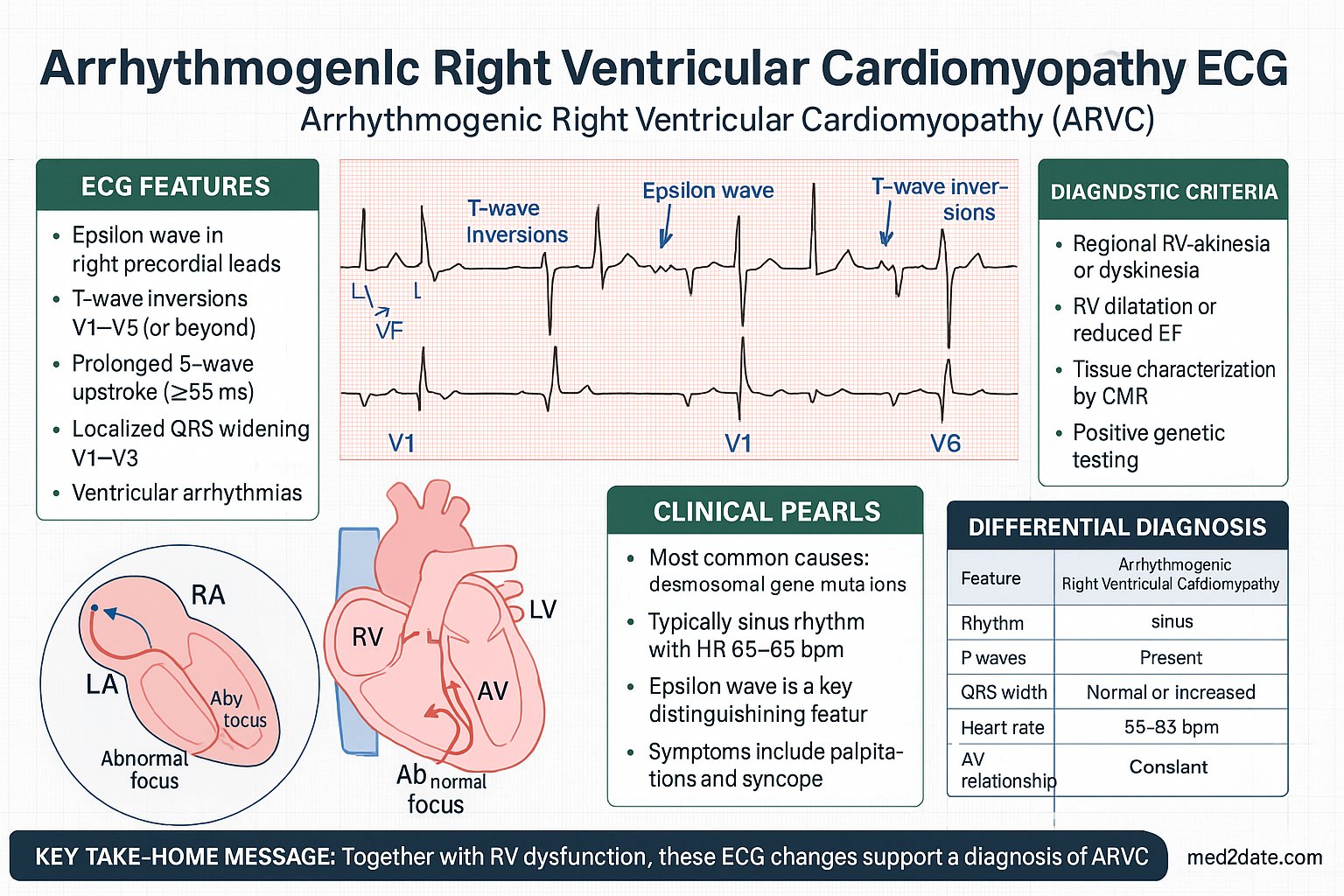 Arrhythmogenic Right Ventricular Cardiomyopathy (ARVC) ECG infographic — ECG features, diagnostic criteria, mechanism, clinical pearls, differential diagnosis, and key take-home message