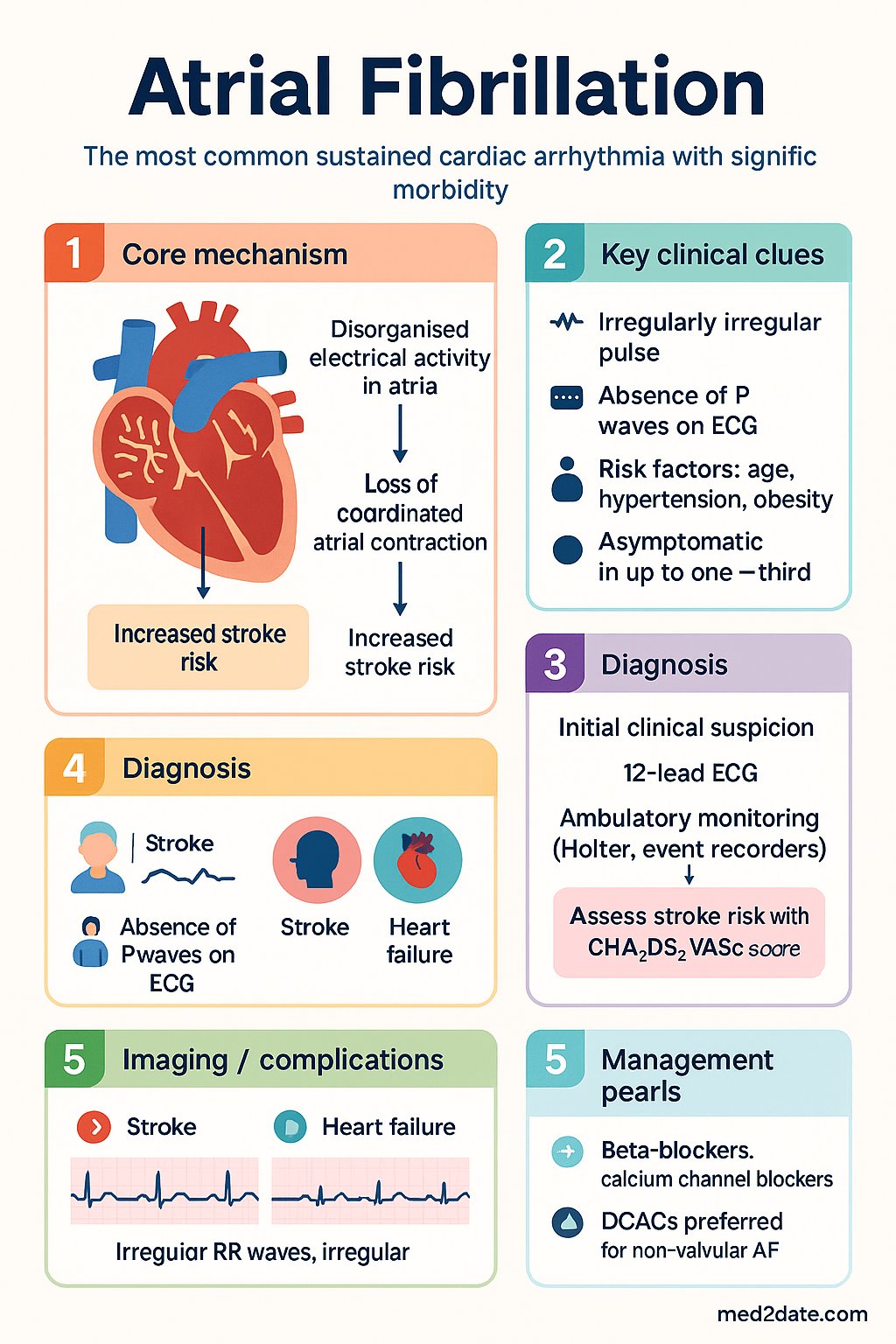 Atrial Fibrillation clinical infographic — pathophysiology, clinical clues, diagnosis, imaging, and management