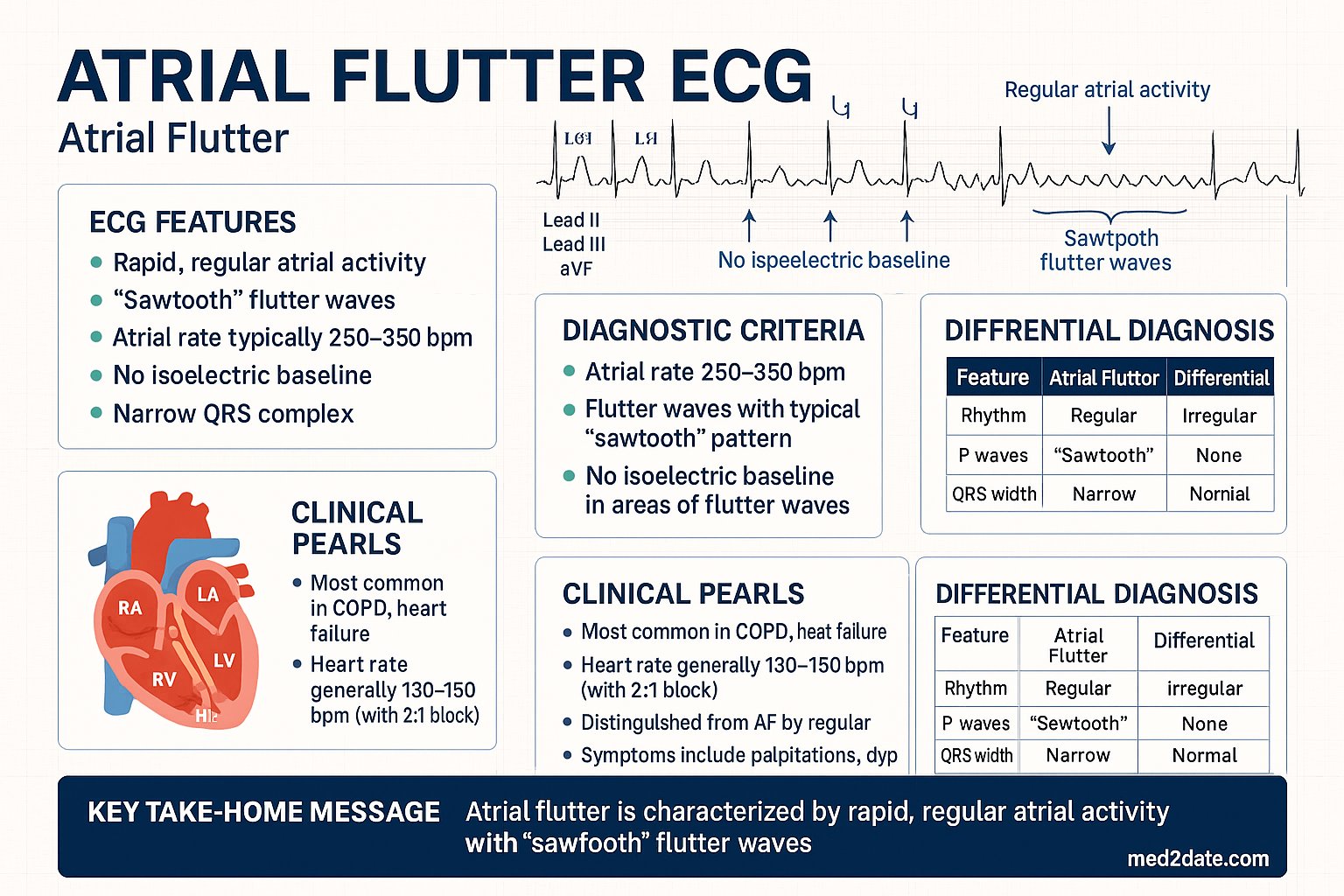 Atrial Flutter ECG infographic — ECG features, diagnostic criteria, mechanism, clinical pearls, differential diagnosis, and key take-home message