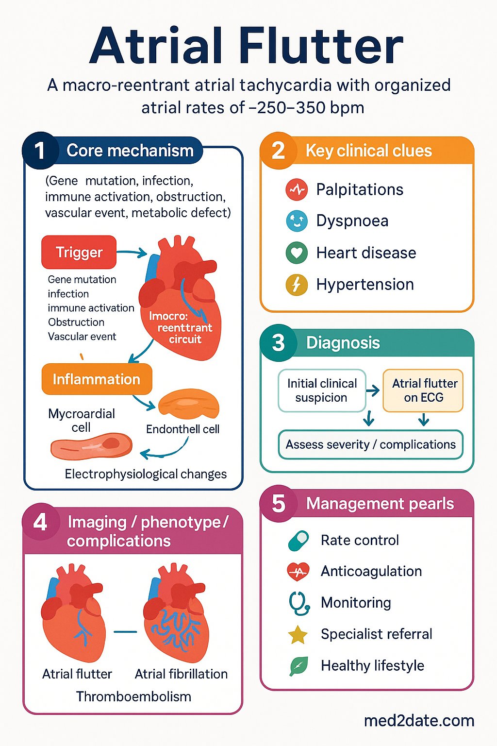 Atrial Flutter clinical infographic — pathophysiology, clinical clues, diagnosis, imaging, and management
