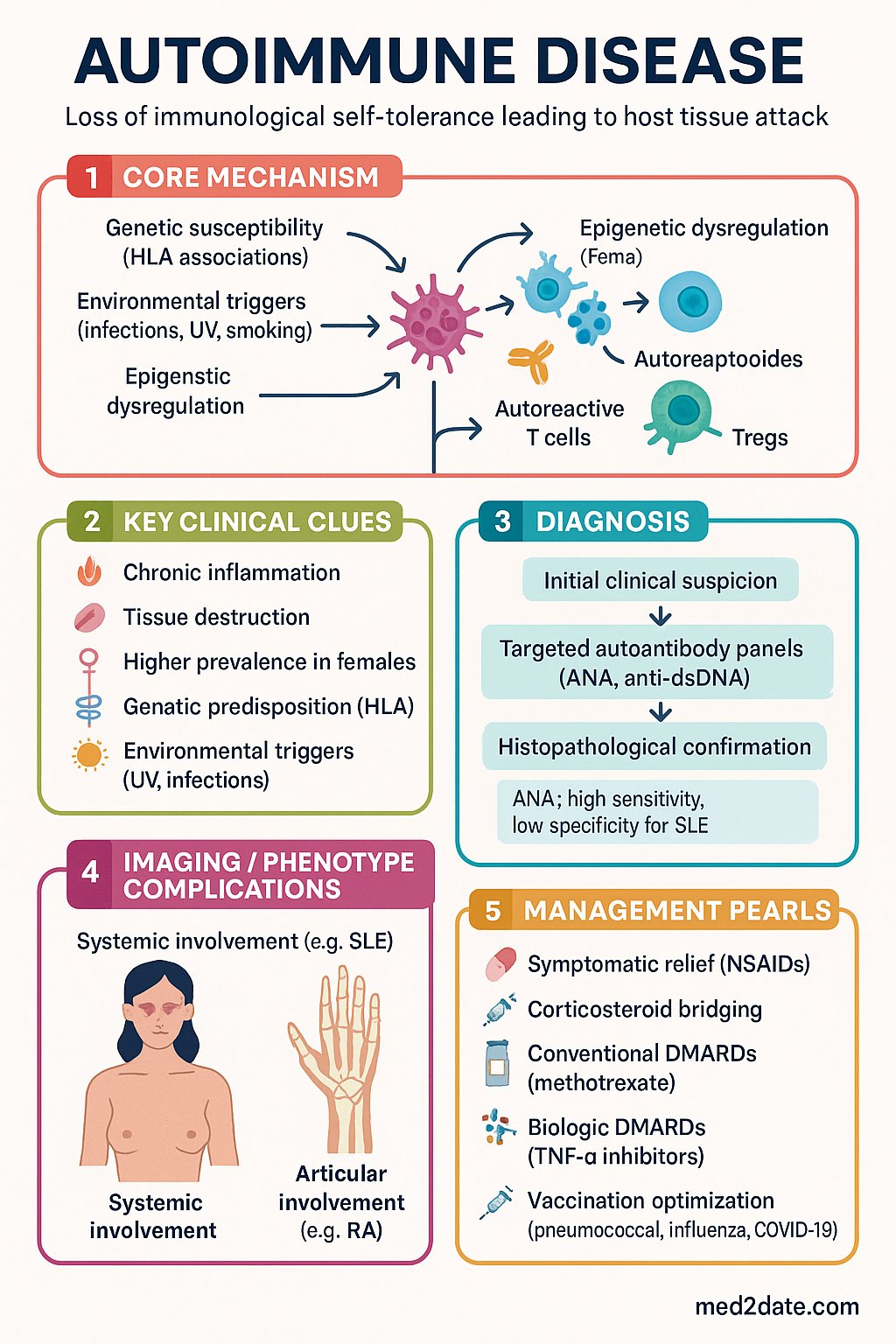 Autoimmune Disease clinical infographic — pathophysiology, clinical clues, diagnosis, imaging, and management