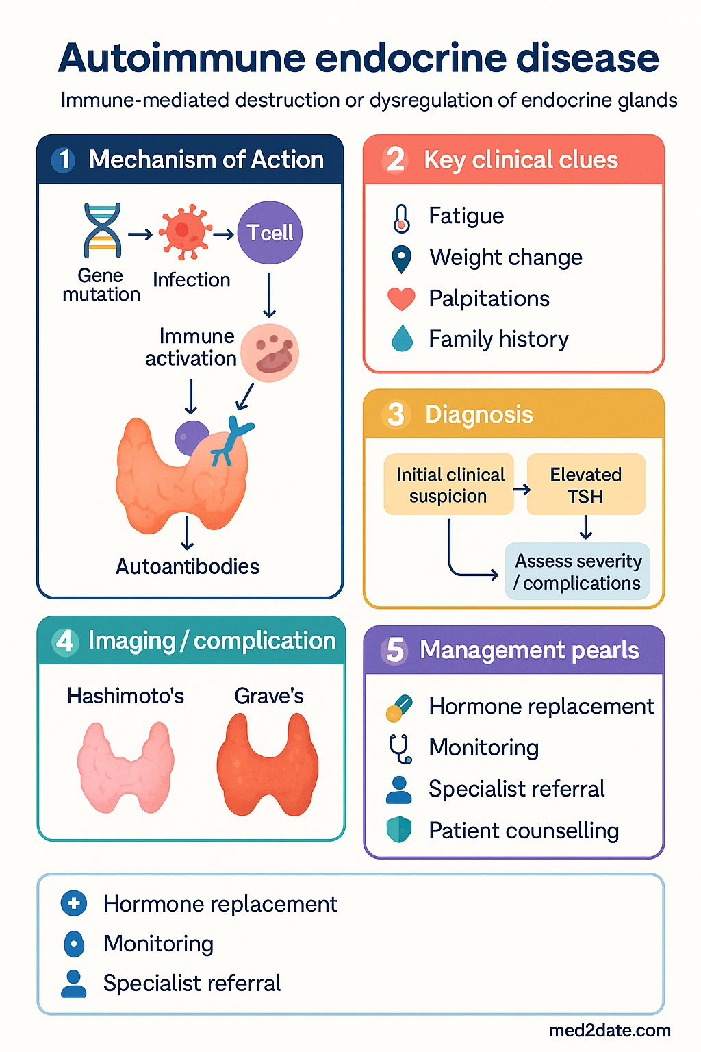 Autoimmune Endocrine Disease clinical infographic — pathophysiology, clinical clues, diagnosis, imaging, and management
