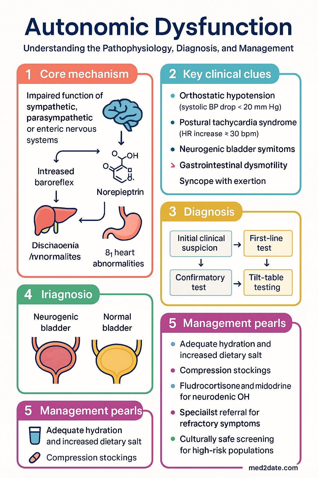 Autonomic Symptoms (Dizziness, Syncope, GI, Bladder) clinical infographic — pathophysiology, clinical clues, diagnosis, imaging, and management