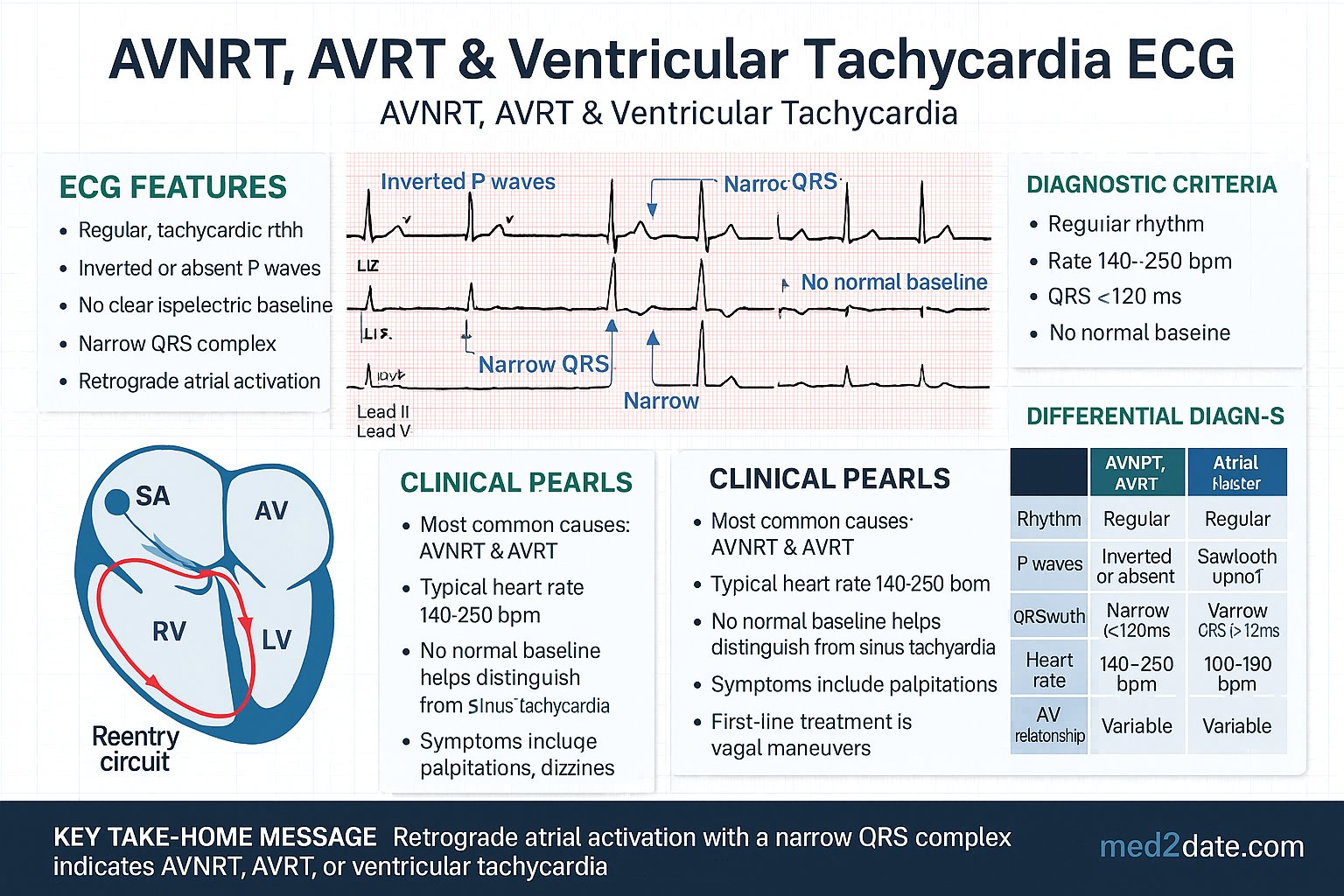 AVNRT, AVRT & Ventricular Tachycardia ECG infographic — ECG features, diagnostic criteria, mechanism, clinical pearls, differential diagnosis, and key take-home message