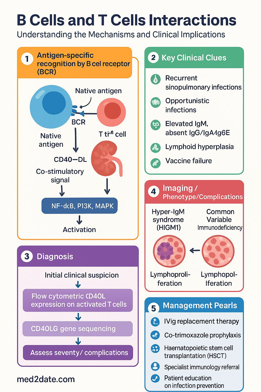 B Cells and T Cells Interactions clinical infographic — pathophysiology, clinical clues, diagnosis, imaging, and management