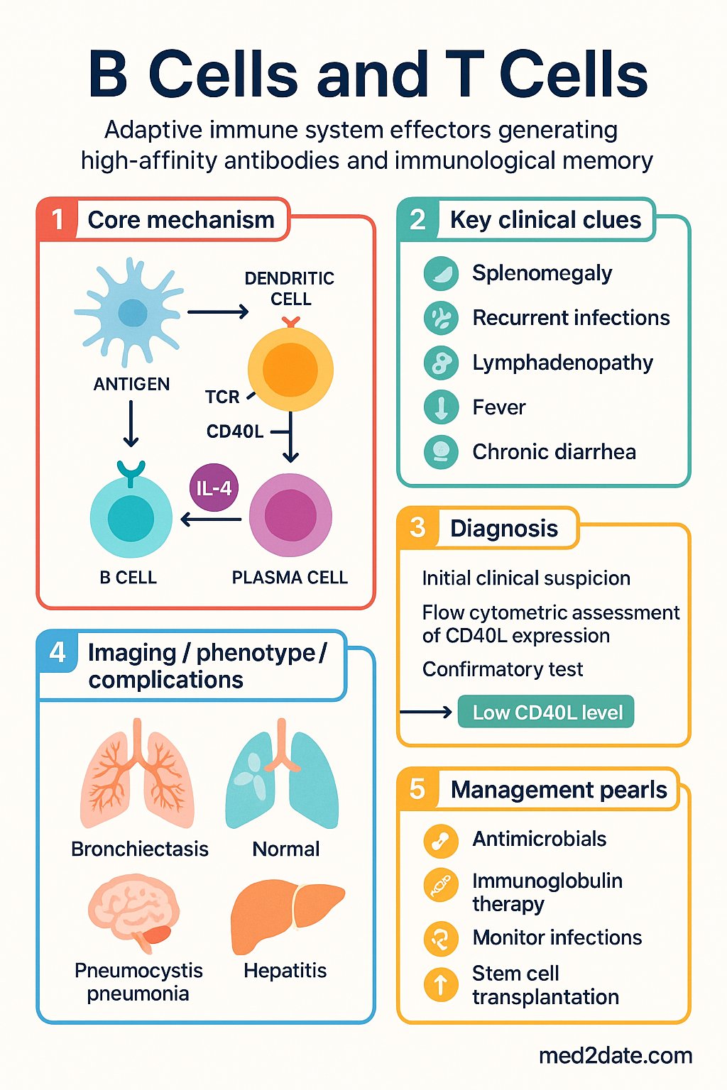 B Cells and T Cells clinical infographic — pathophysiology, clinical clues, diagnosis, imaging, and management