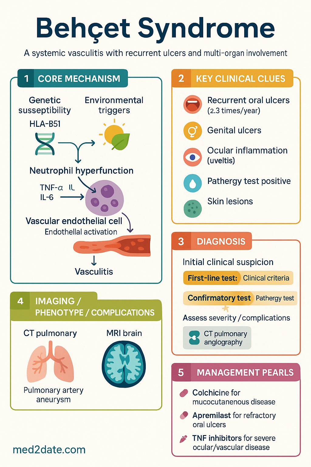 Behcet Syndrome clinical infographic — pathophysiology, clinical clues, diagnosis, imaging, and management