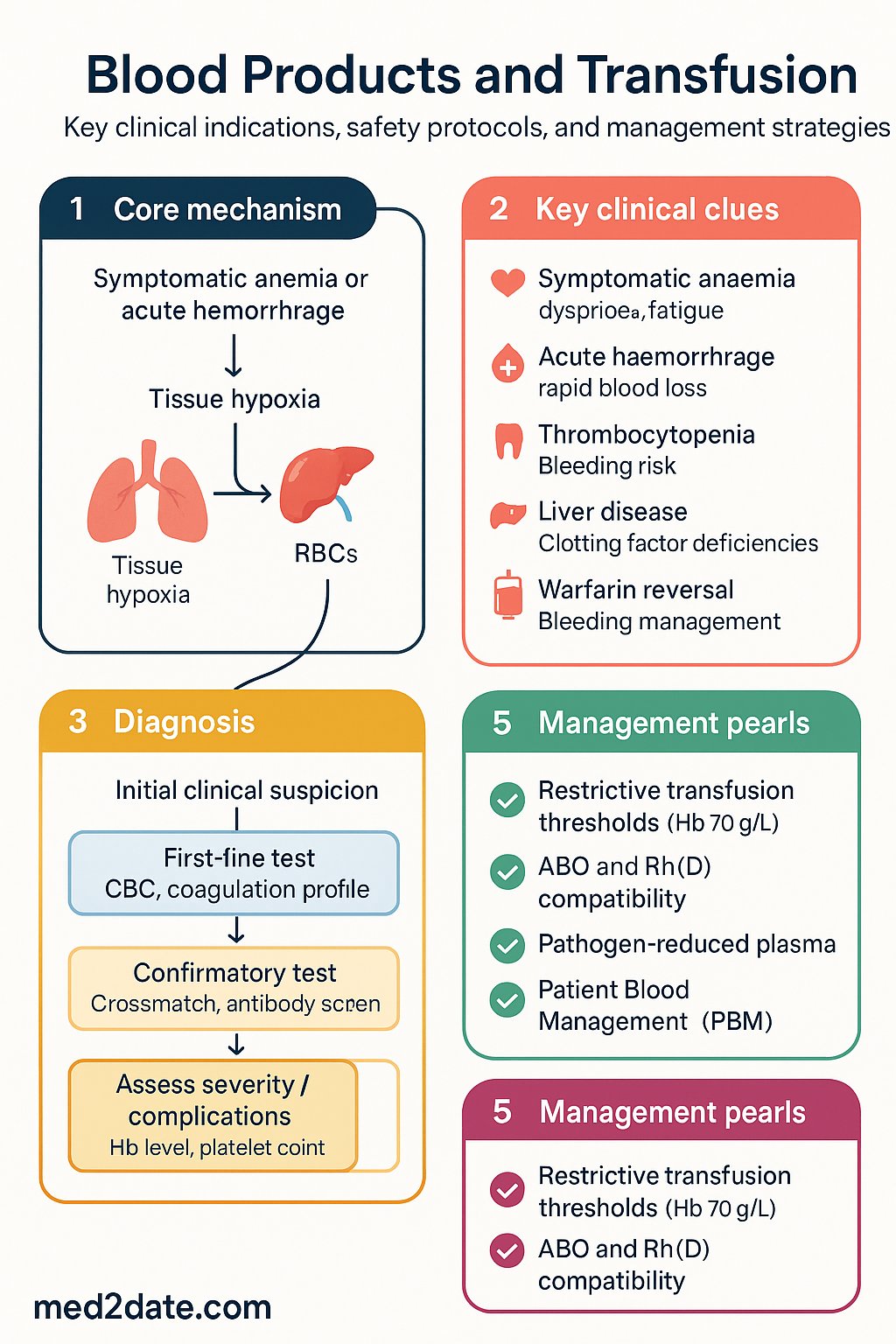 Blood Products and Transfusion clinical infographic — pathophysiology, clinical clues, diagnosis, imaging, and management