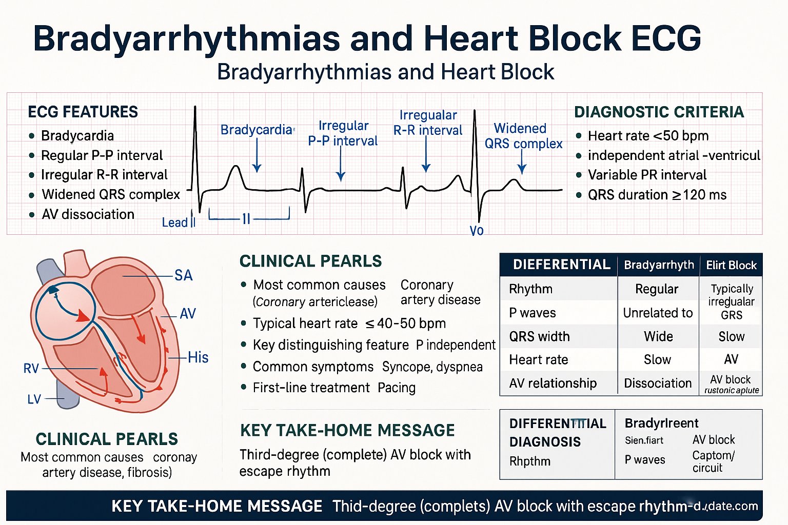 Bradyarrhythmias and Heart Block ECG infographic — ECG features, diagnostic criteria, mechanism, clinical pearls, differential diagnosis, and key take-home message