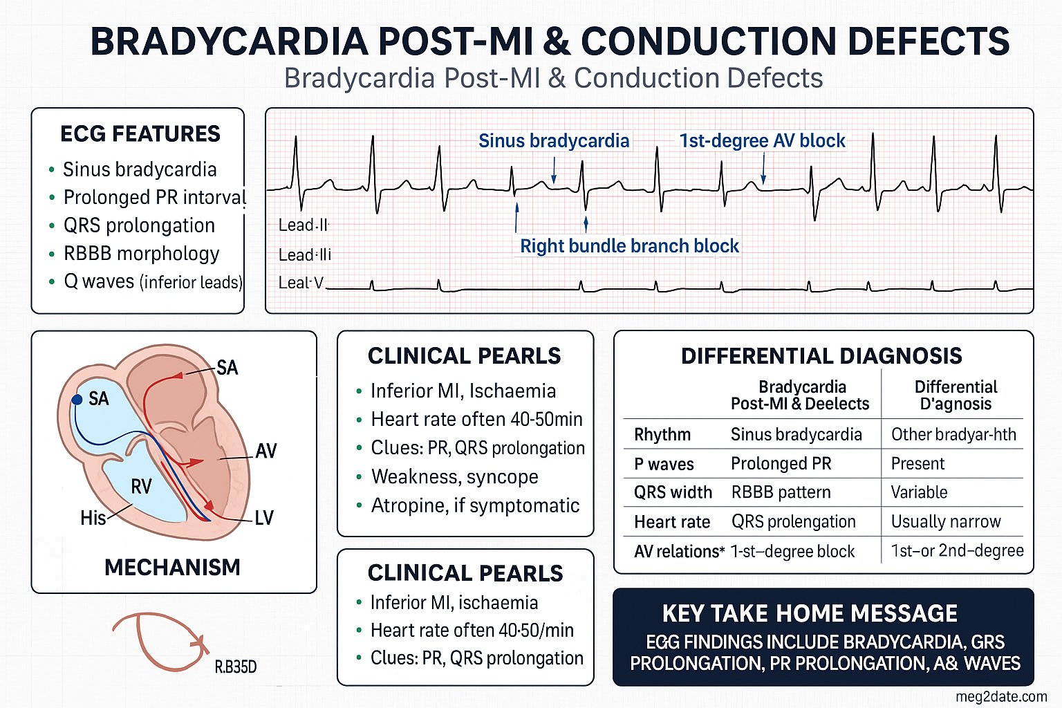 Bradycardia Post-MI & Conduction Defects ECG infographic — ECG features, diagnostic criteria, mechanism, clinical pearls, differential diagnosis, and key take-home message
