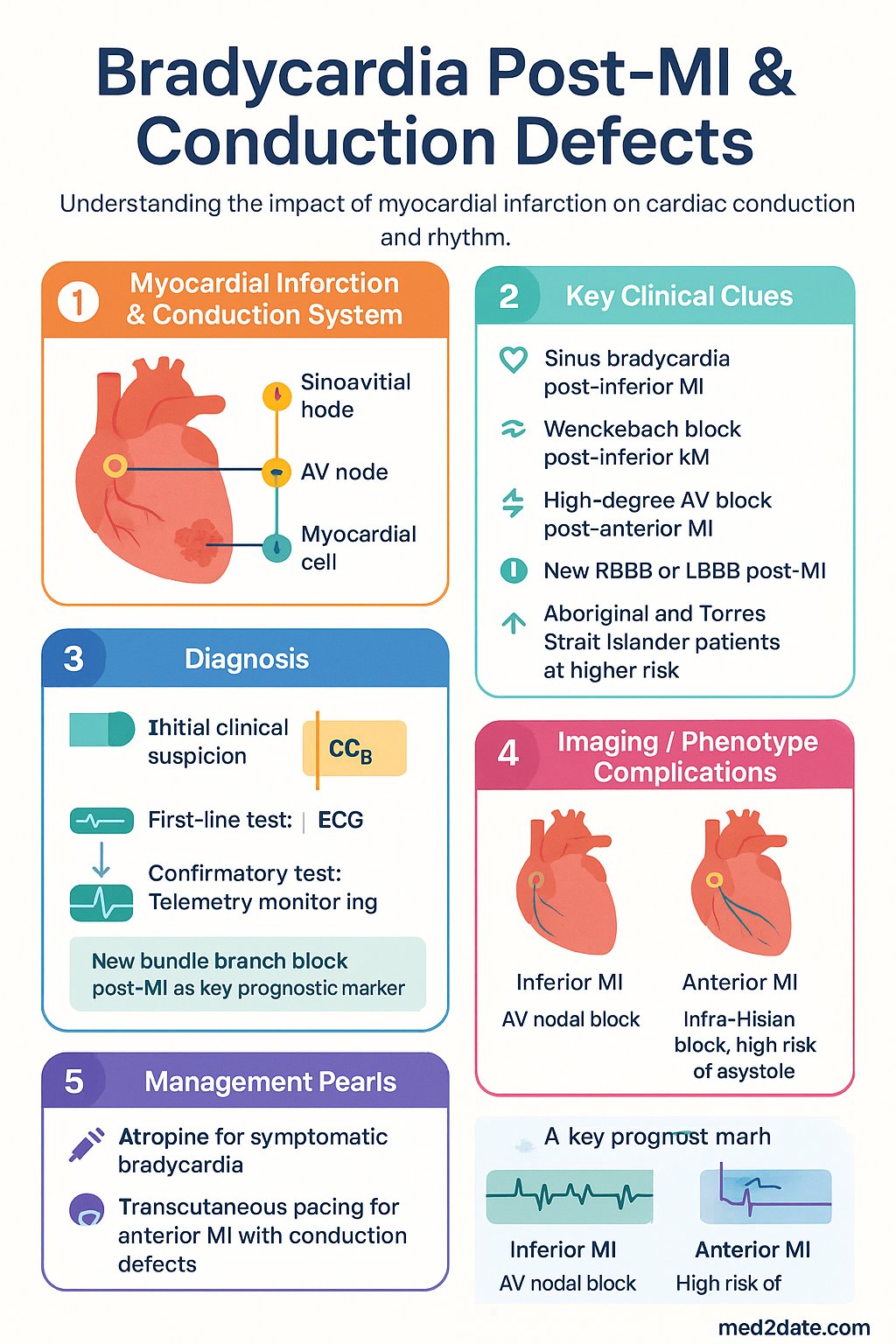 Bradycardia Post-MI & Conduction Defects clinical infographic — pathophysiology, clinical clues, diagnosis, imaging, and management