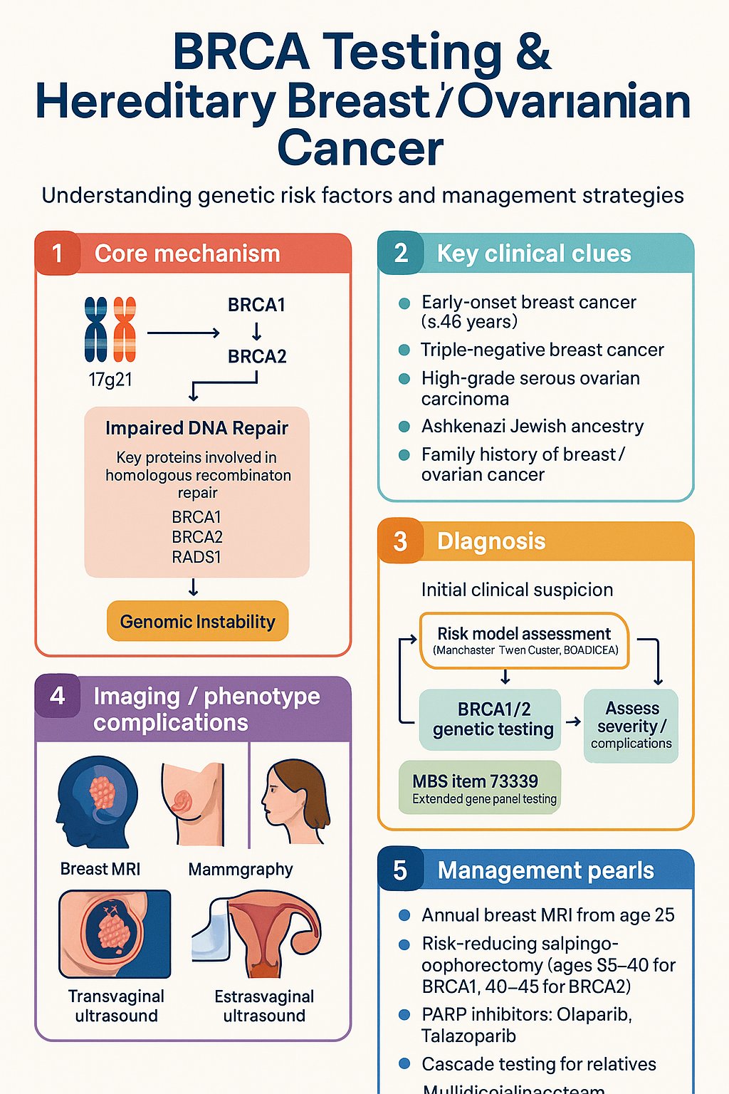 BRCA Testing & Hereditary Breast/Ovarian Cancer clinical infographic — pathophysiology, clinical clues, diagnosis, imaging, and management