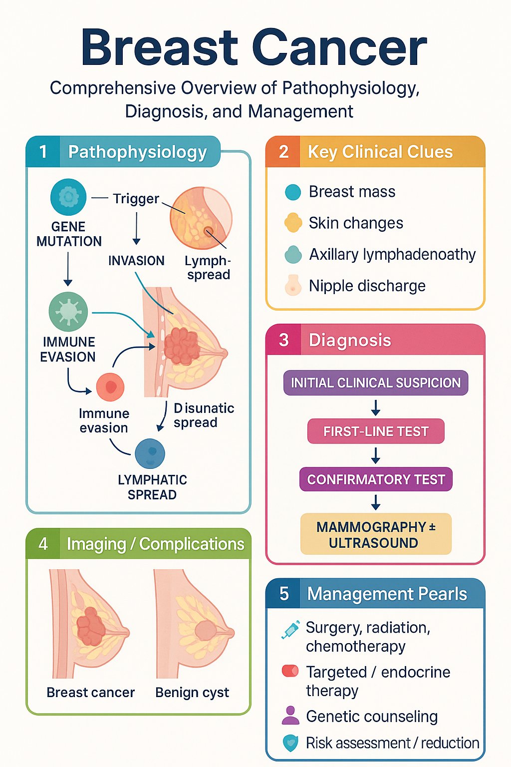 Breast Cancer clinical infographic — pathophysiology, clinical clues, diagnosis, imaging, and management