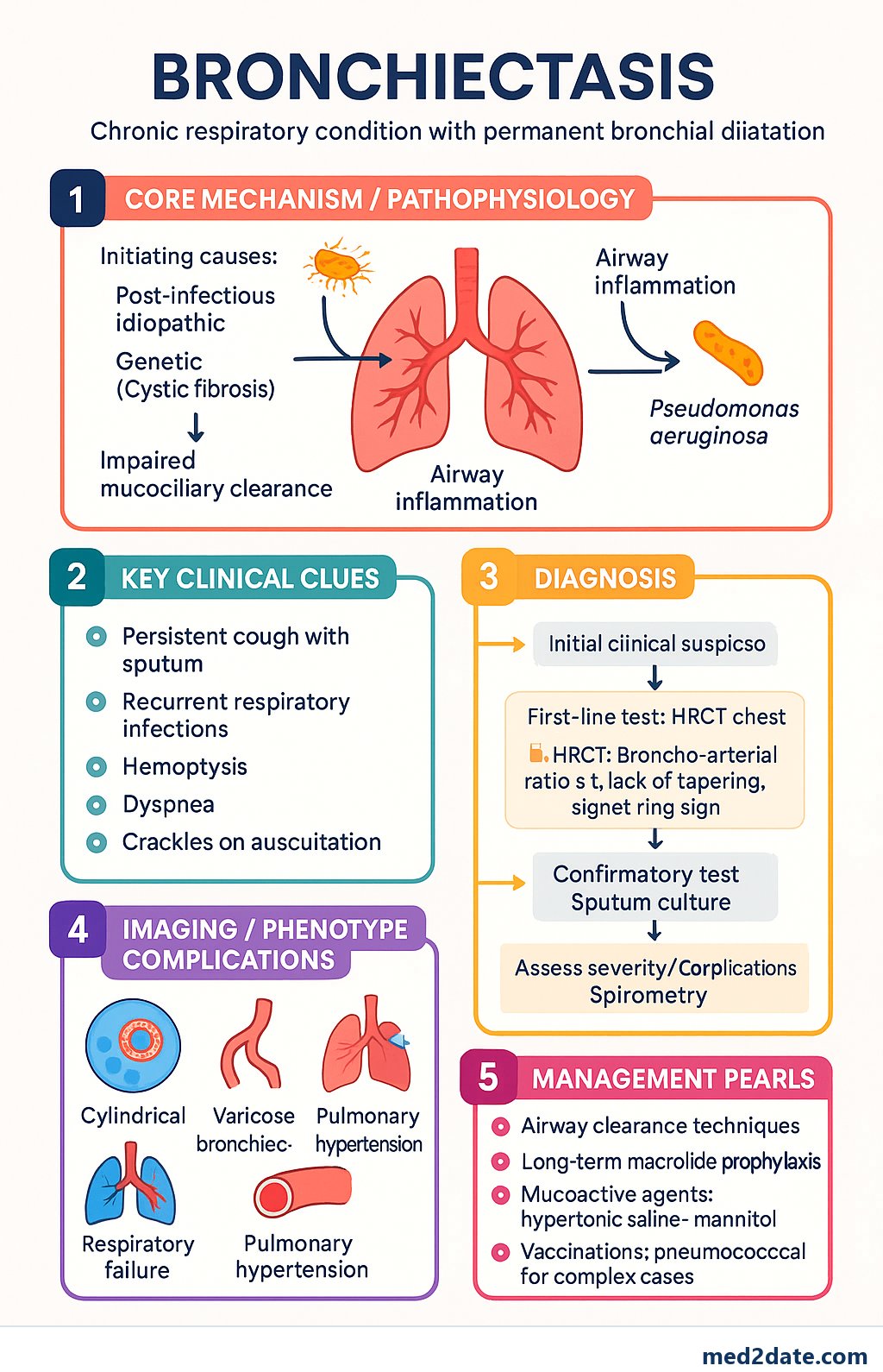 Bronchiectasis clinical infographic — pathophysiology, clinical clues, diagnosis, imaging, and management