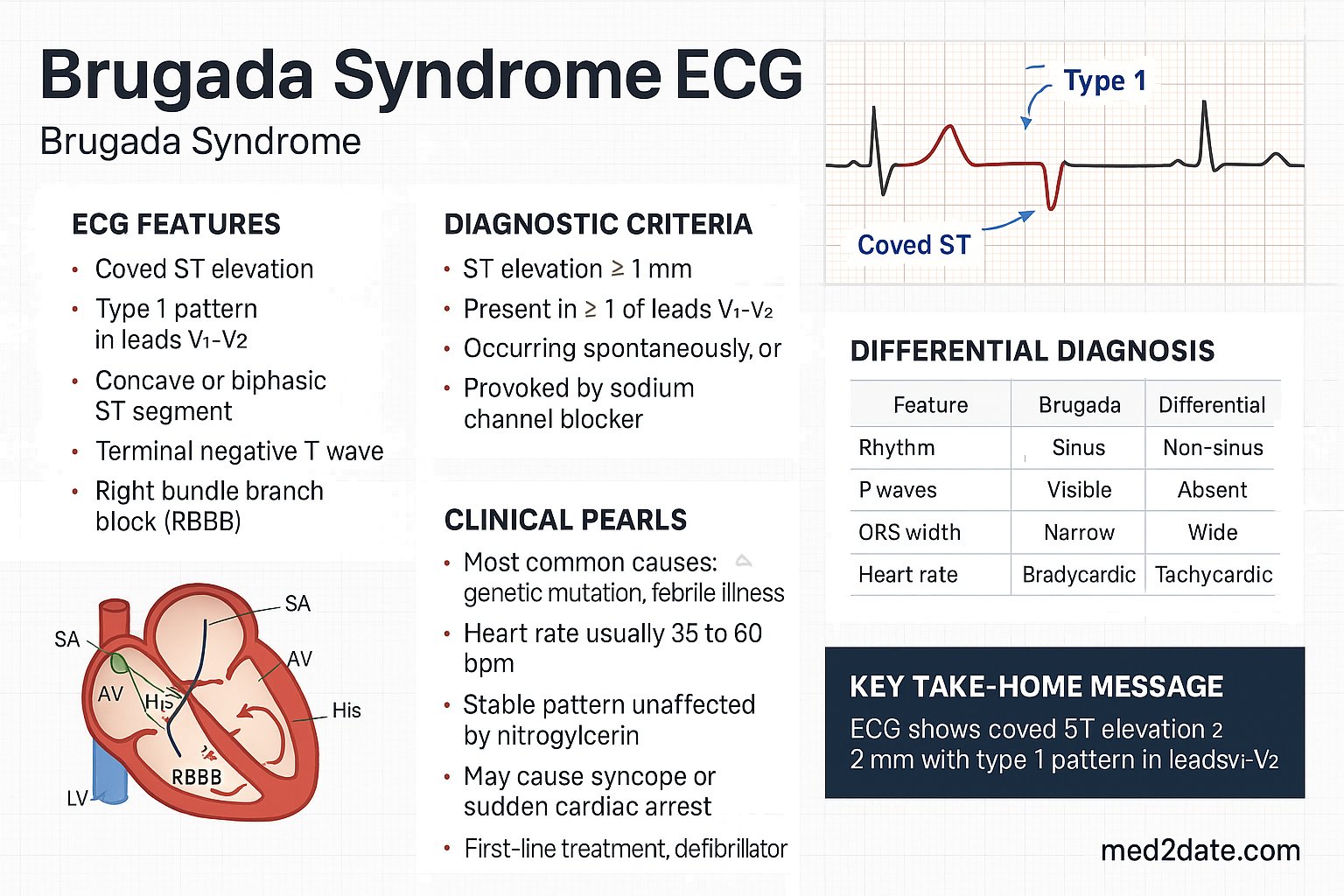 Brugada Syndrome ECG infographic — ECG features, diagnostic criteria, mechanism, clinical pearls, differential diagnosis, and key take-home message