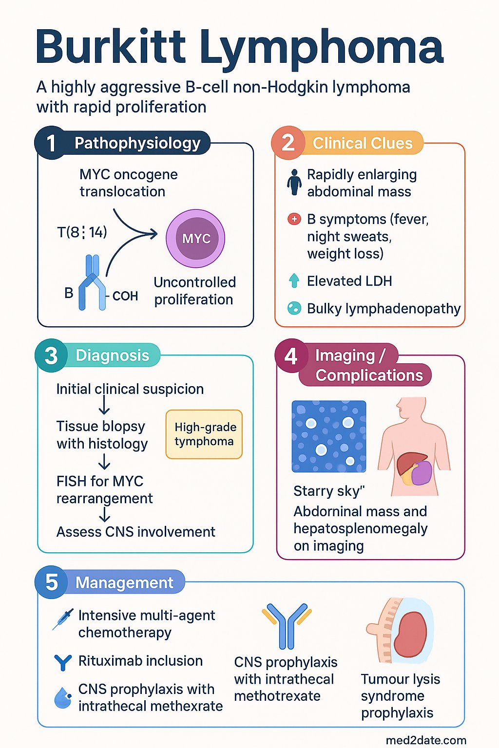 Burkitt Lymphoma clinical infographic — pathophysiology, clinical clues, diagnosis, imaging, and management