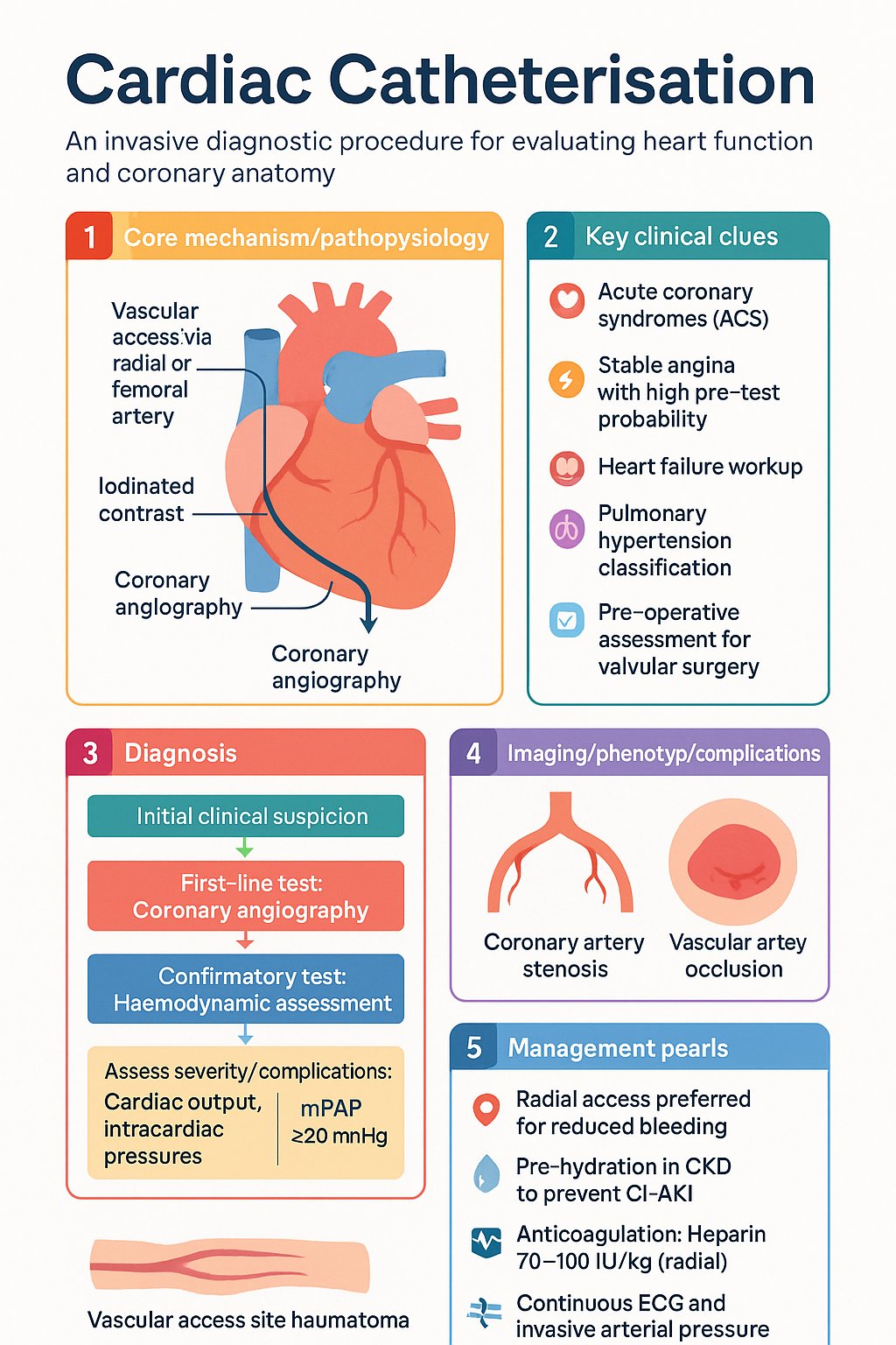 Cardiac Catheterisation clinical infographic — pathophysiology, clinical clues, diagnosis, imaging, and management