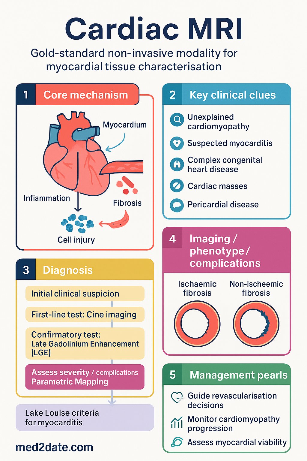Cardiac MRI clinical infographic — pathophysiology, clinical clues, diagnosis, imaging, and management