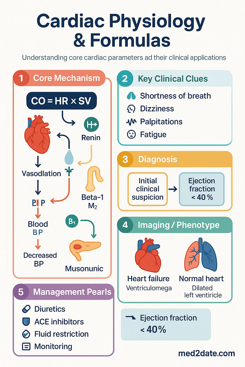 Cardiac Physiology & Formulas clinical infographic — pathophysiology, clinical clues, diagnosis, imaging, and management