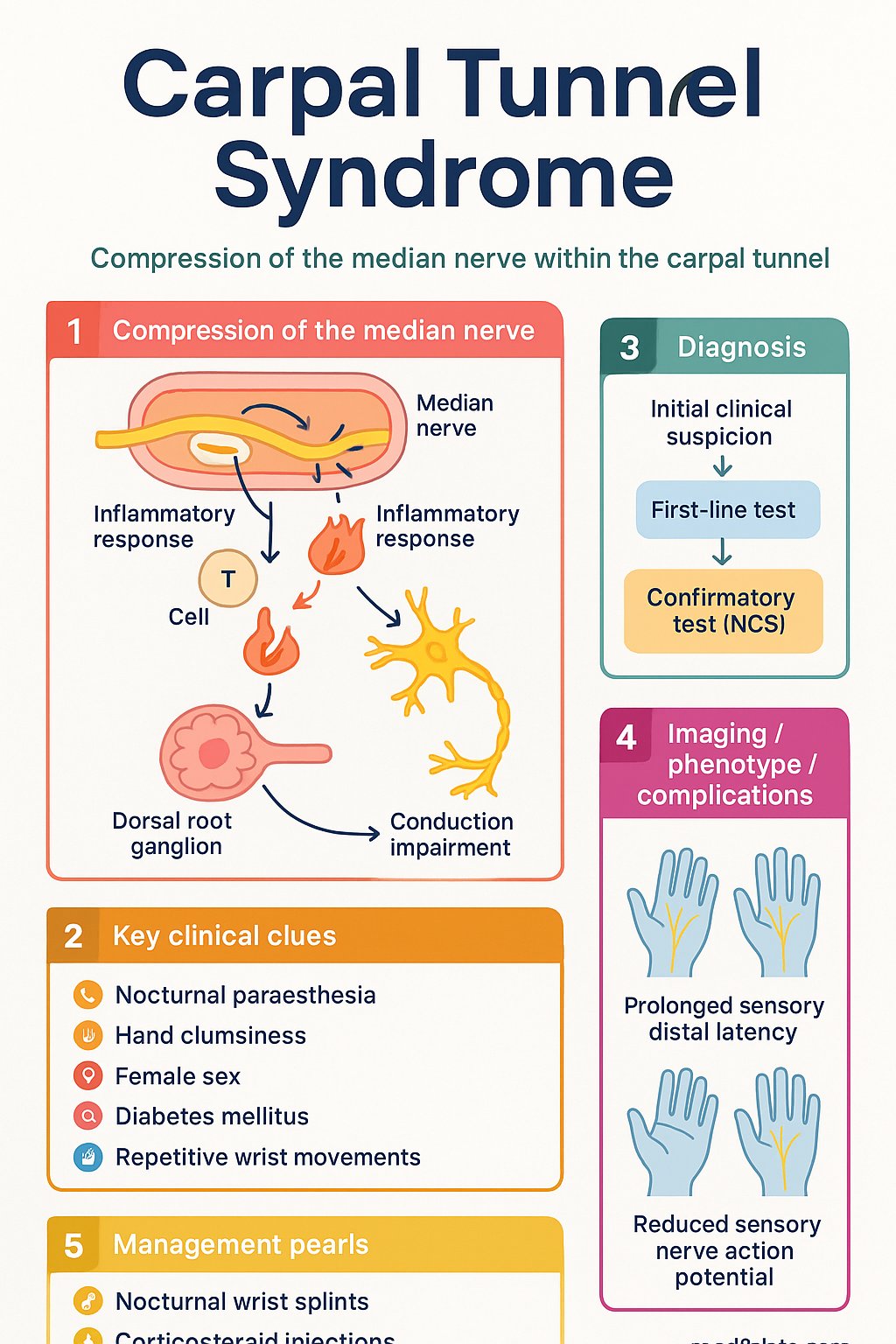 Carpal Tunnel Syndrome clinical infographic — pathophysiology, clinical clues, diagnosis, imaging, and management