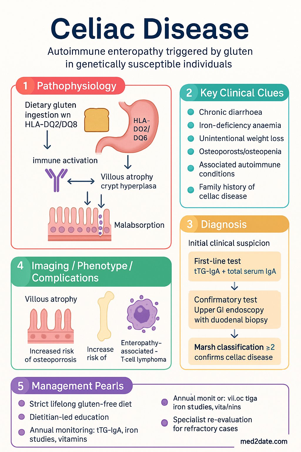 Celiac Disease clinical infographic — pathophysiology, clinical clues, diagnosis, imaging, and management