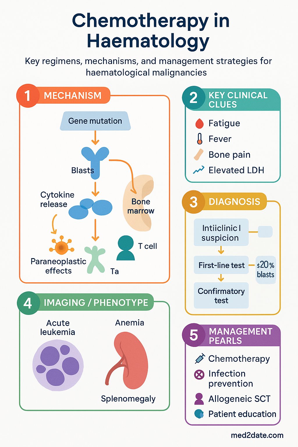 Chemotherapy in Haematology clinical infographic — pathophysiology, clinical clues, diagnosis, imaging, and management