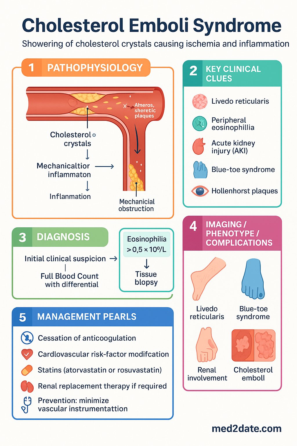 Cholesterol Emboli Syndrome clinical infographic — pathophysiology, clinical clues, diagnosis, imaging, and management