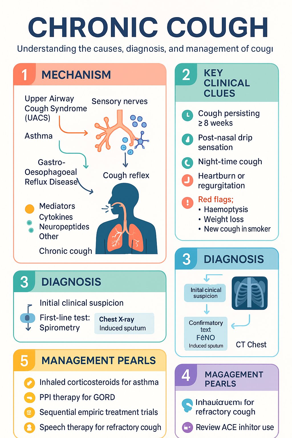 Chronic Cough clinical infographic — pathophysiology, clinical clues, diagnosis, imaging, and management