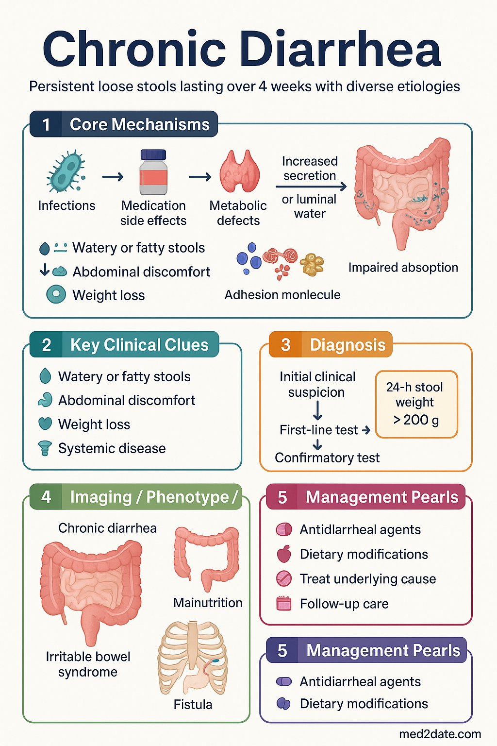 Chronic Diarrhea clinical infographic — pathophysiology, clinical clues, diagnosis, imaging, and management