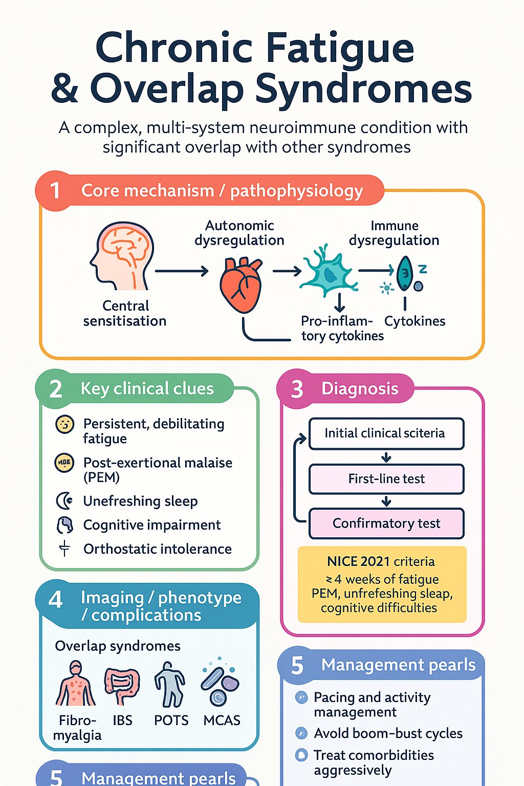 Chronic Fatigue & Overlap Syndromes clinical infographic — pathophysiology, clinical clues, diagnosis, imaging, and management