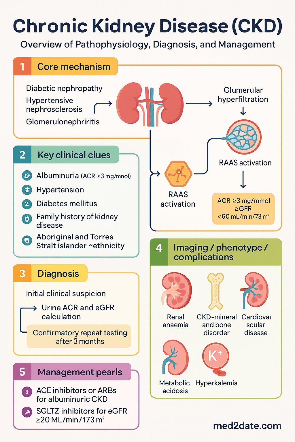 Chronic Kidney Disease (CKD) Overview clinical infographic — pathophysiology, clinical clues, diagnosis, imaging, and management