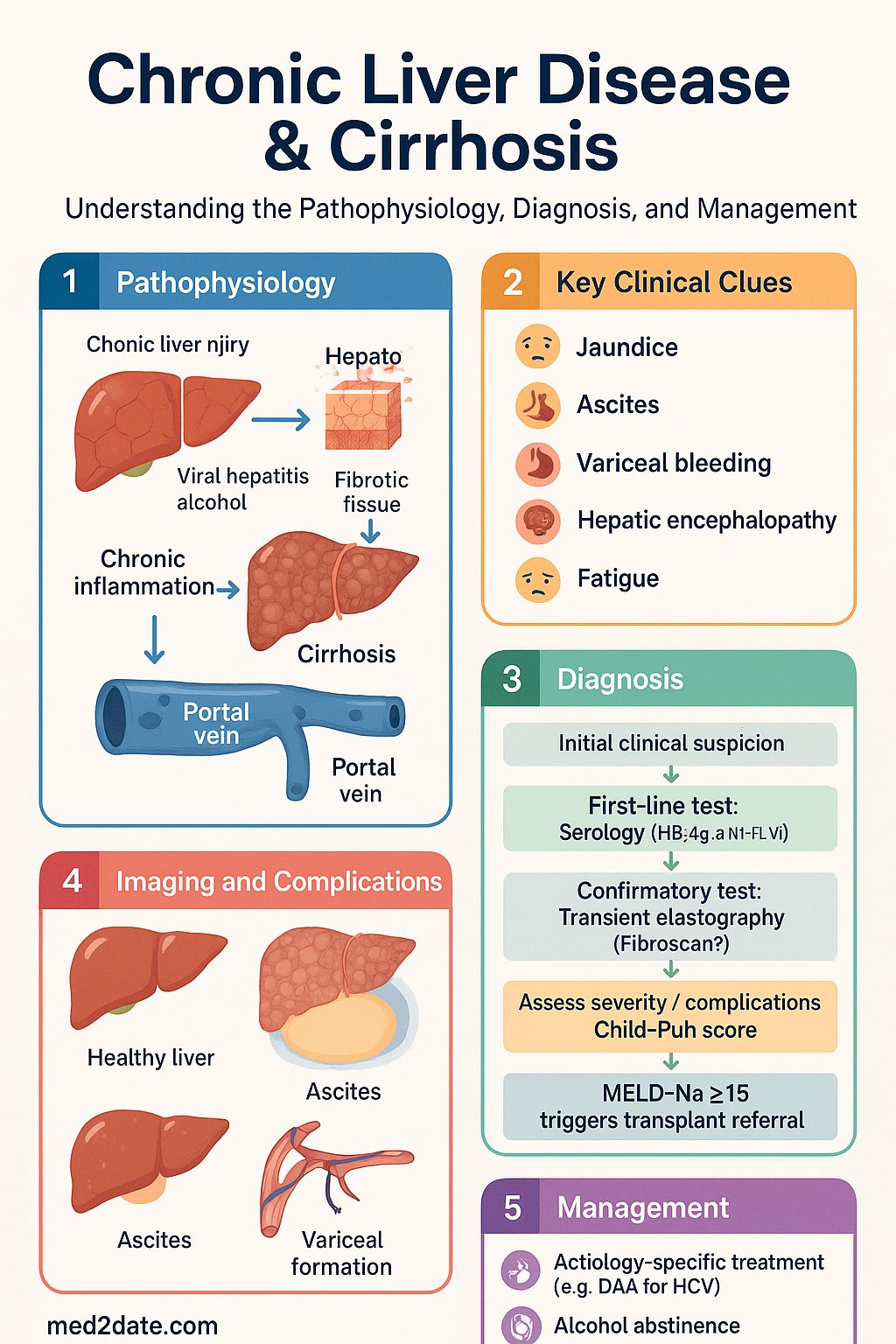 Chronic Liver Disease & Cirrhosis clinical infographic — pathophysiology, clinical clues, diagnosis, imaging, and management