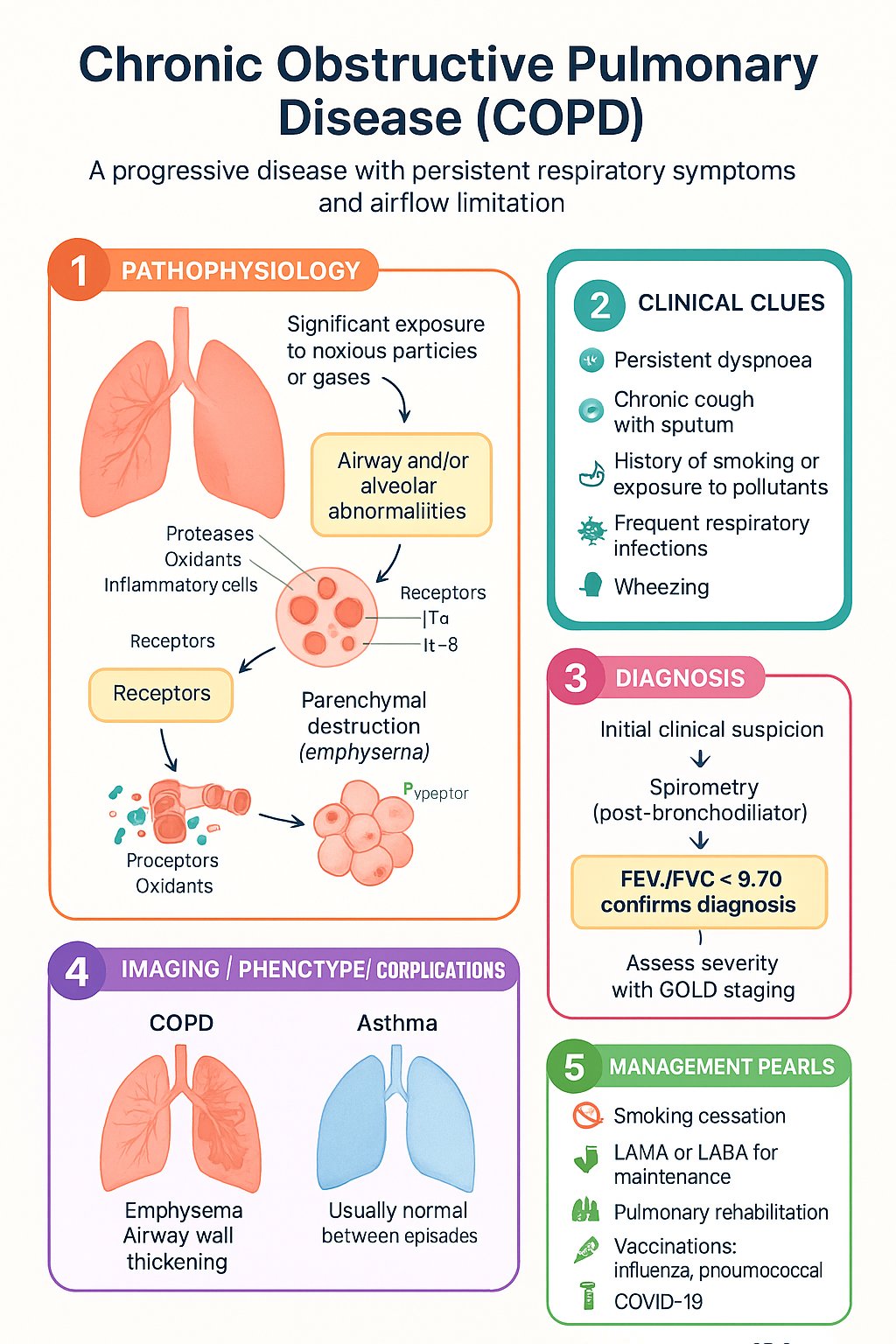 Chronic Obstructive Pulmonary Disease (COPD) clinical infographic — pathophysiology, clinical clues, diagnosis, imaging, and management