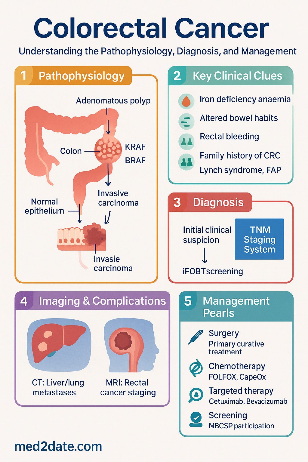Colorectal Cancer clinical infographic — pathophysiology, clinical clues, diagnosis, imaging, and management