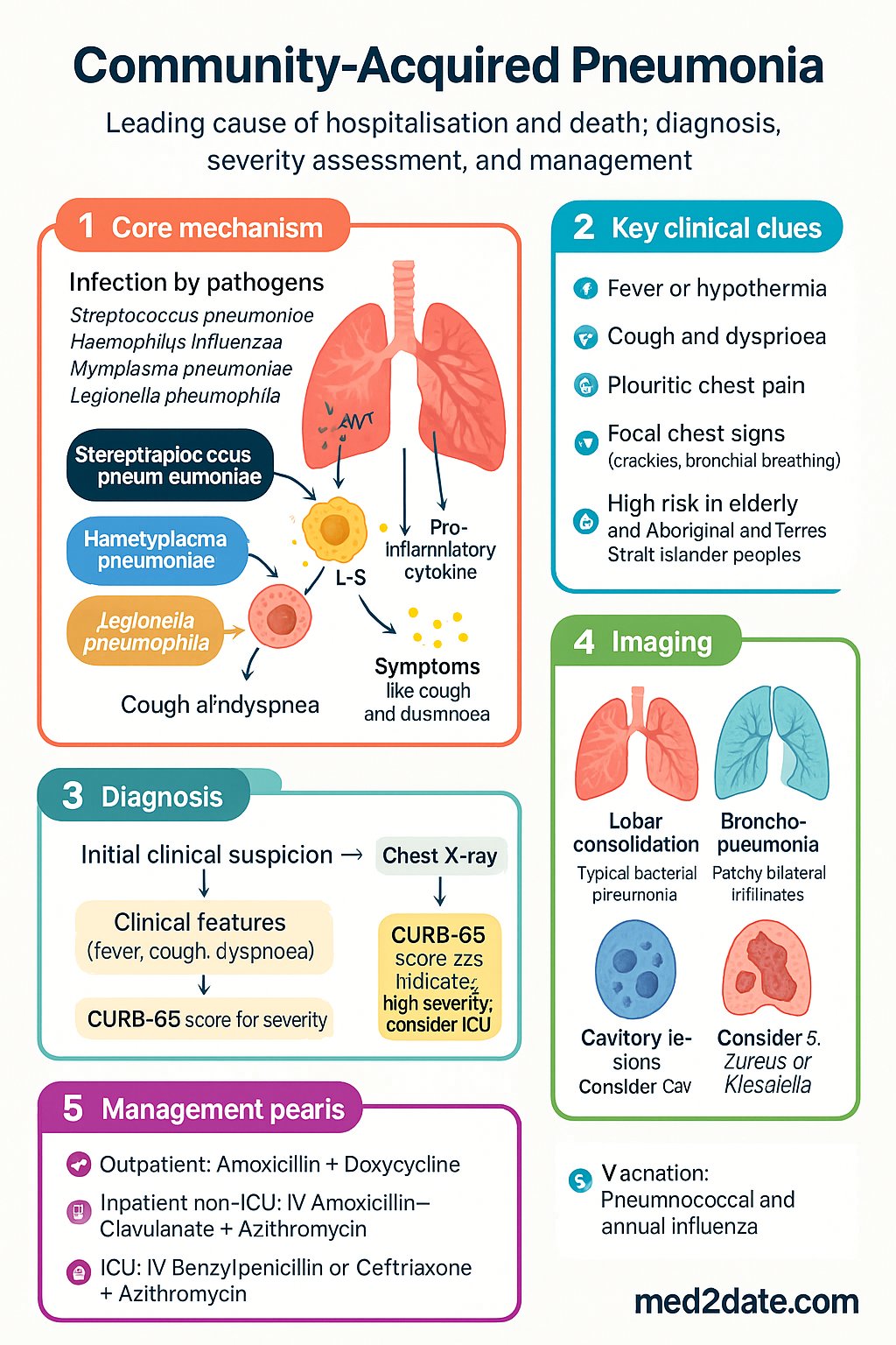 Community-Acquired Pneumonia (CAP) clinical infographic — pathophysiology, clinical clues, diagnosis, imaging, and management