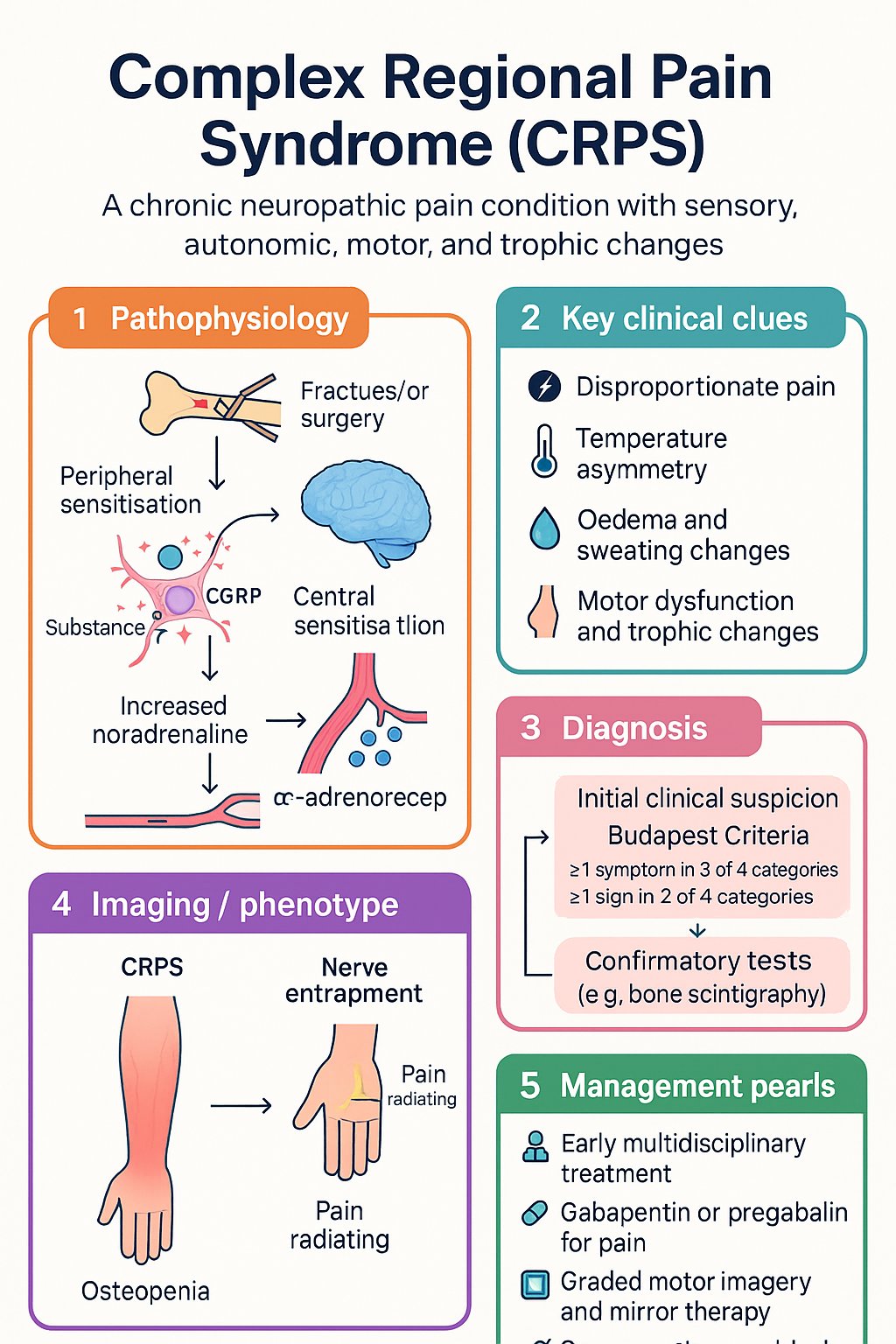 Complex Regional Pain Syndrome clinical infographic — pathophysiology, clinical clues, diagnosis, imaging, and management