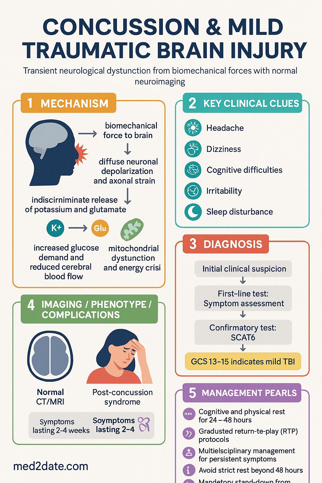 Concussion & Mild Traumatic Brain Injury clinical infographic — pathophysiology, clinical clues, diagnosis, imaging, and management